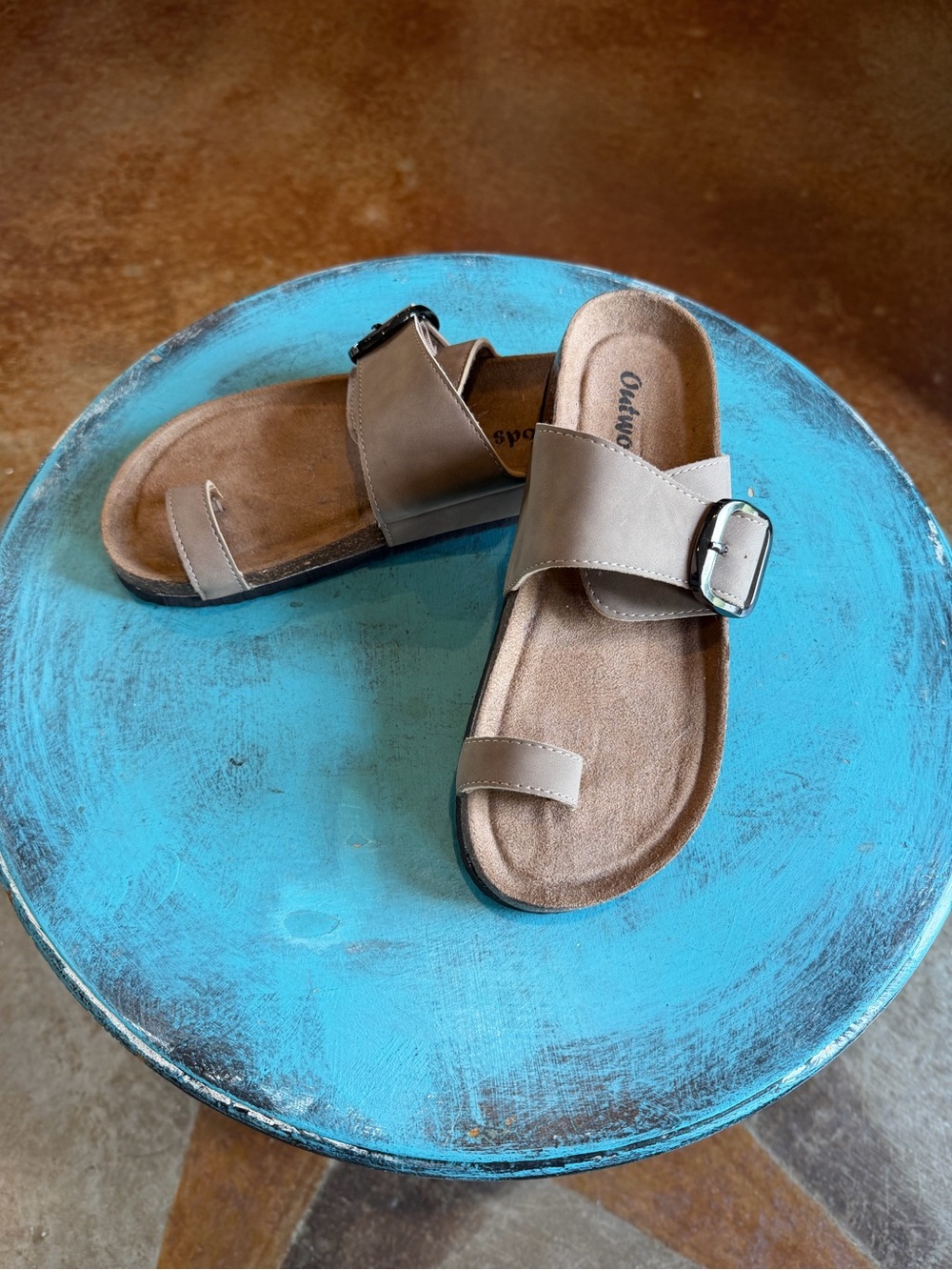 Taupe Buckle Slide Sandals